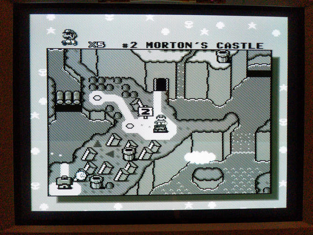 Photo of SNES composite video being treated as luma and shown on a VGA CRT